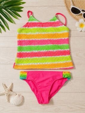 Pink & Neon Stripe Crochet Tankini Set